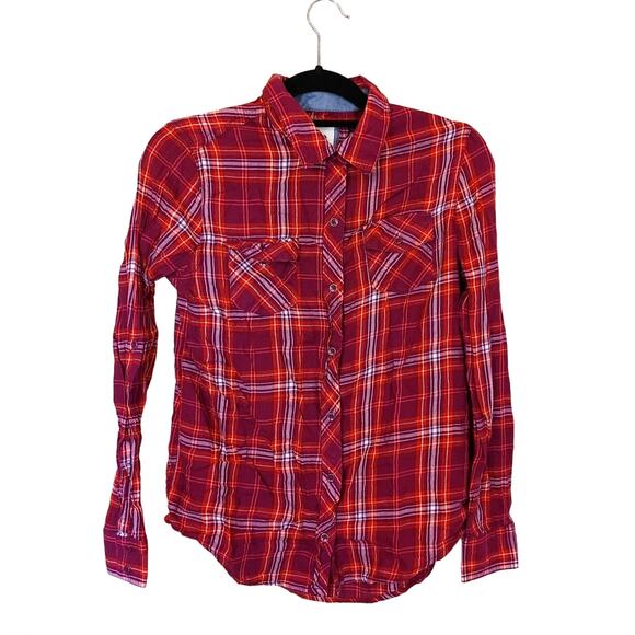 Arizona Jean Co Size Medium M Red Orange Plaid Button Up Long Sleeve Top Shirt - Picture 1 of 10